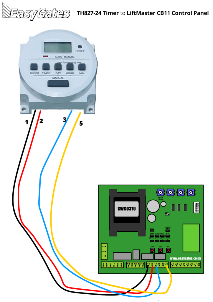 Diagram for Connecting TH827-24 Timer to LiftMaster CB11 Control Panel